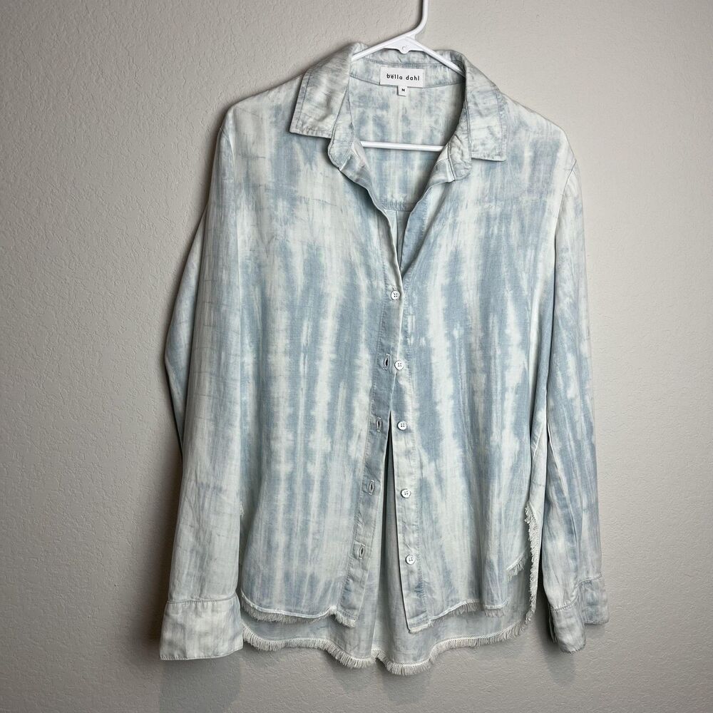 Bella Dahl Button Up Tunic Womens M Blue Tie Dye Fringe‎ Hem Long Sleeve Tencel